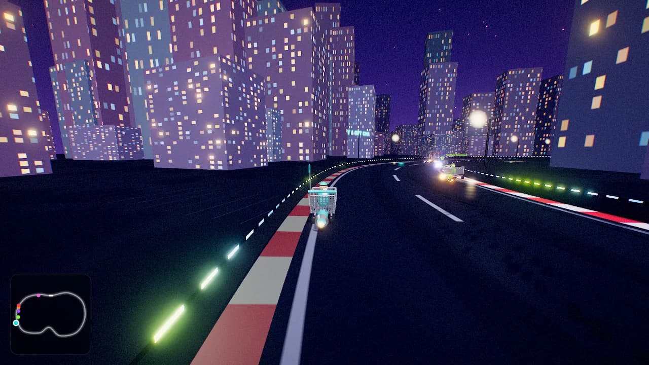 Shopping carts race side by side through Turbo Trolley’s neon city