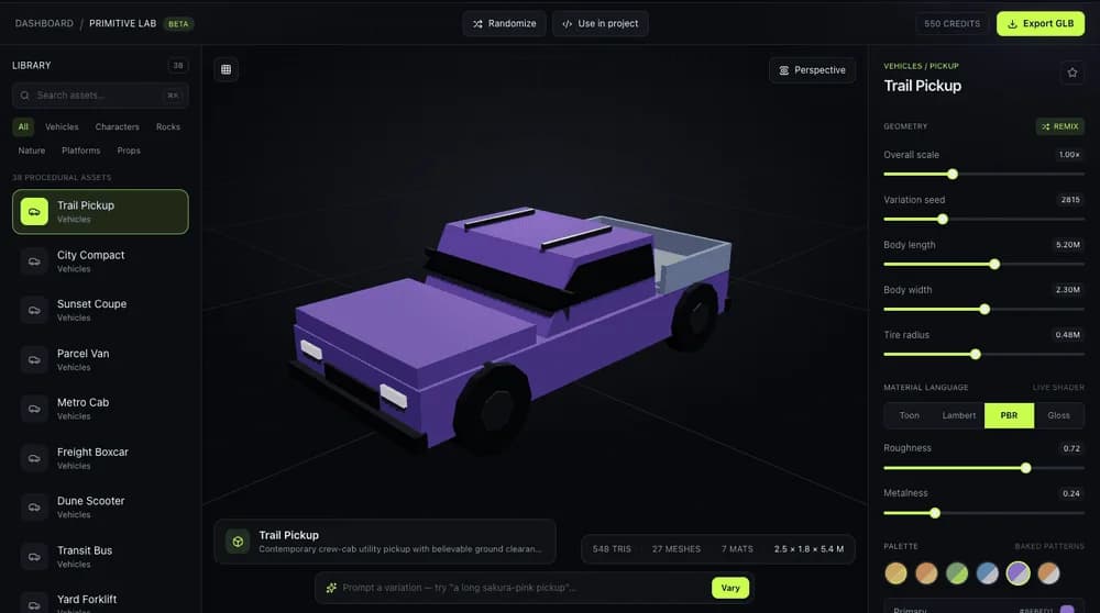 Primitive Lab color palette controls creating a purple material variant of a low-poly 3D truck asset