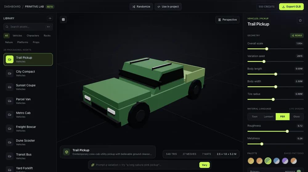 Primitive Lab procedural 3D model generator showing a low-poly Trail Pickup with live body length and width controls