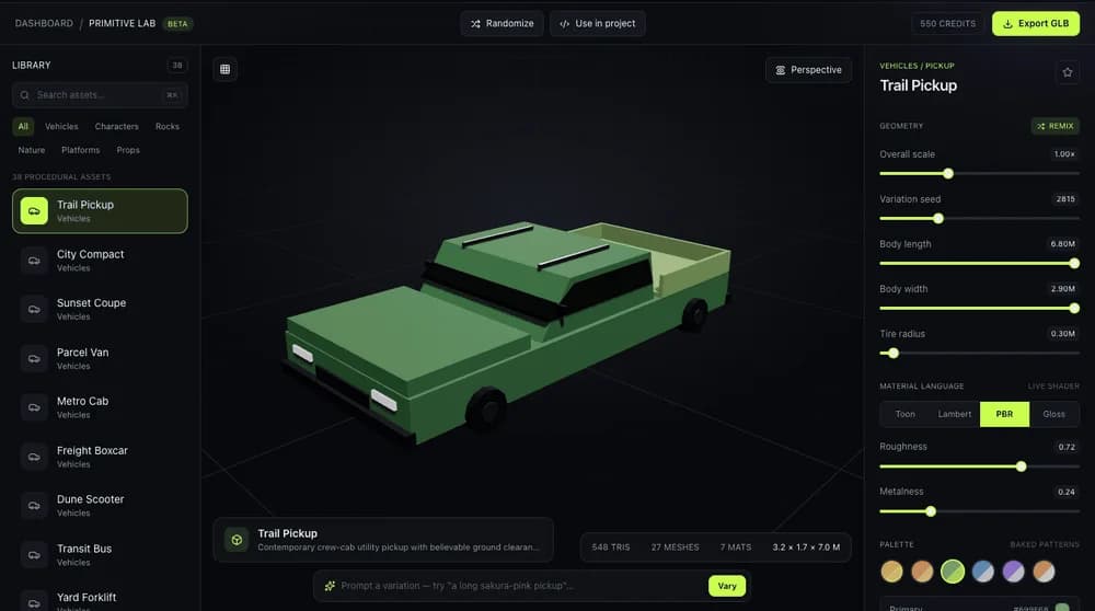 Primitive Lab 3D asset studio previewing wheel radius and tire width changes on a low-poly Trail Pickup model