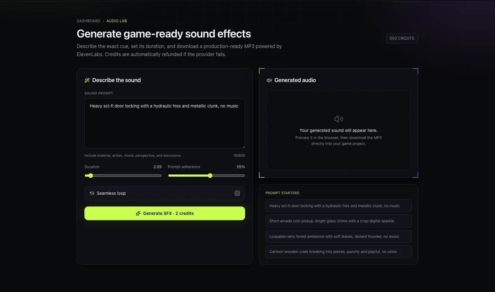 Audio Lab workspace with a sound-effect prompt, duration and adherence controls, seamless-loop option, generated-audio panel, and prompt starters