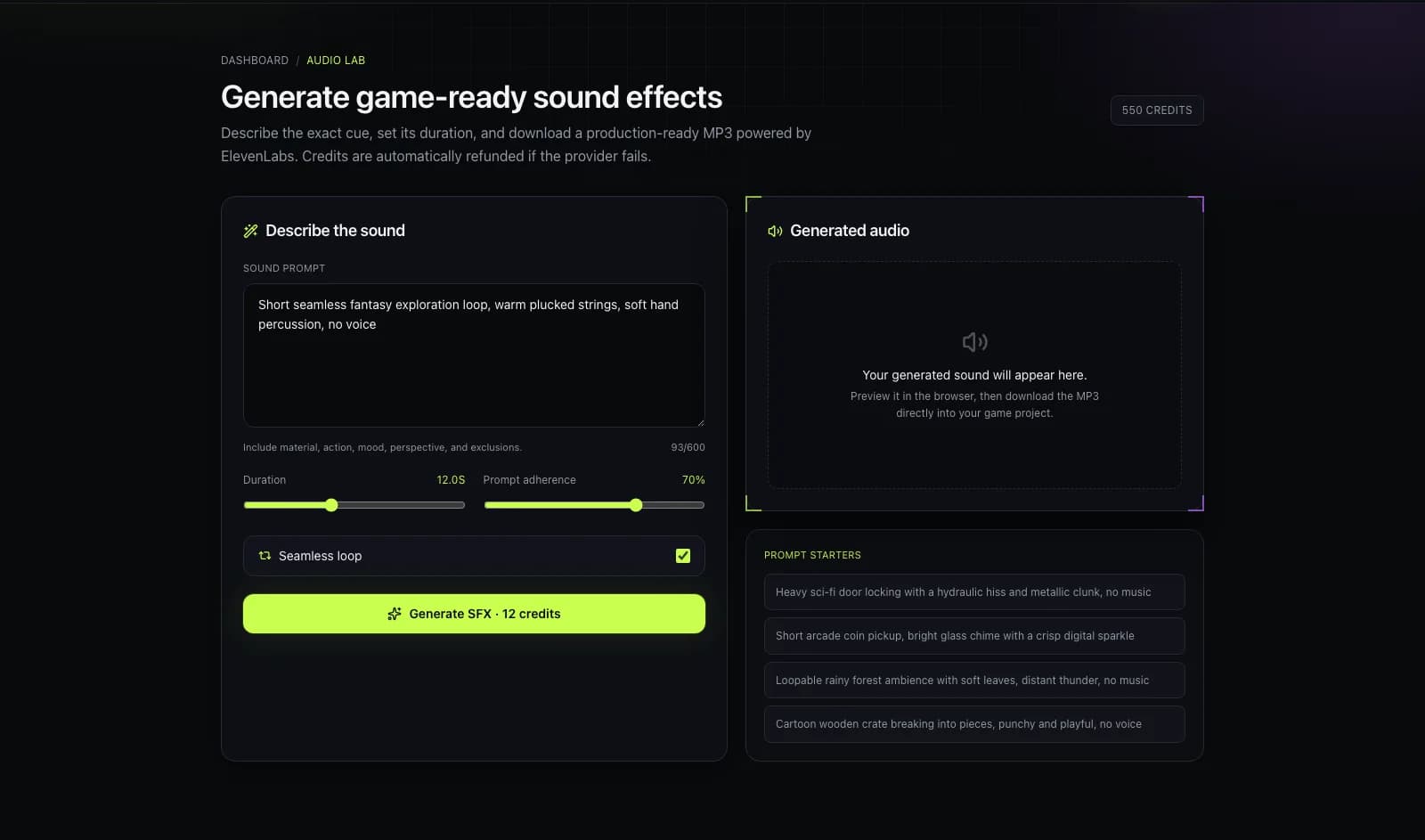 Audio Lab configured for a 12-second seamless fantasy exploration loop with plucked strings, hand percussion, 70 percent prompt adherence, and loop mode enabled