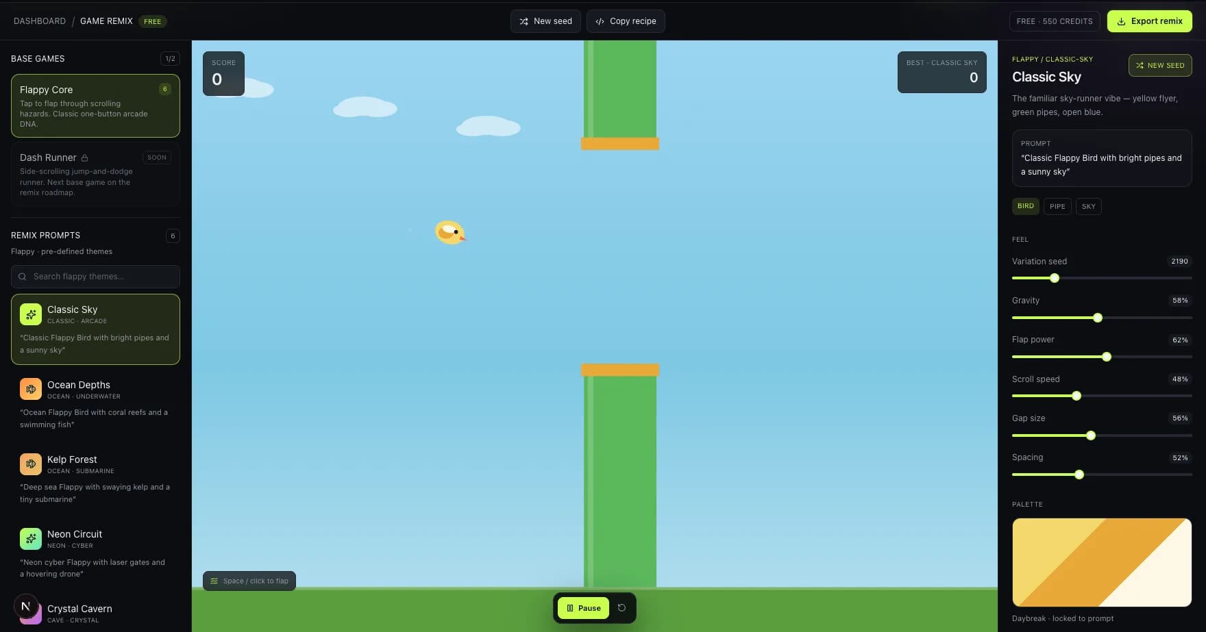 Game Remix Classic Sky theme with yellow bird, green pipes, sunny sky, remix prompt library, and seed controls