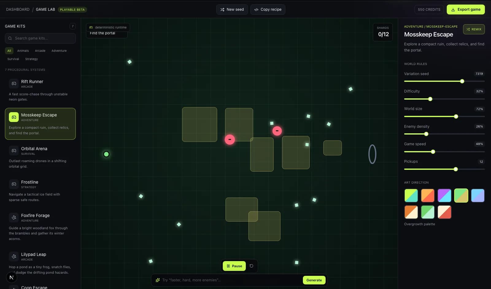 Game Lab showing the Mosskeep Escape adventure template with relic pickups, moving enemies, prompt controls, and Overgrowth art direction