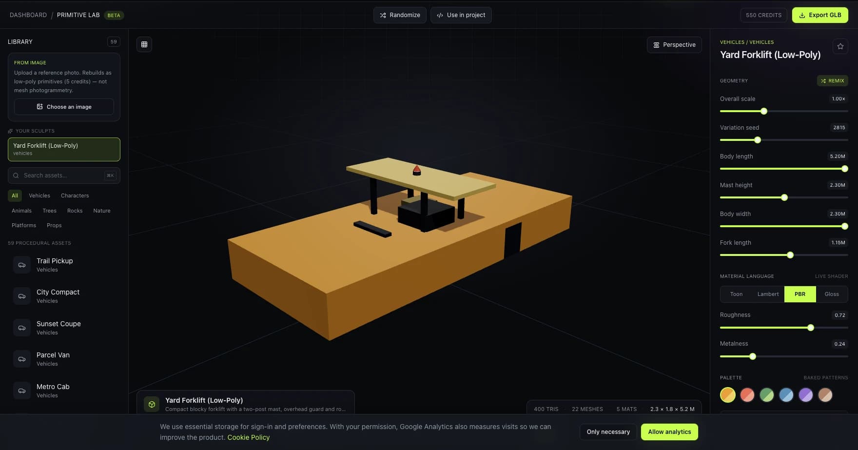 Primitive Lab studio showing a yard forklift photo rebuilt as a procedural low-poly vehicle, with generated body, mast, and fork sliders