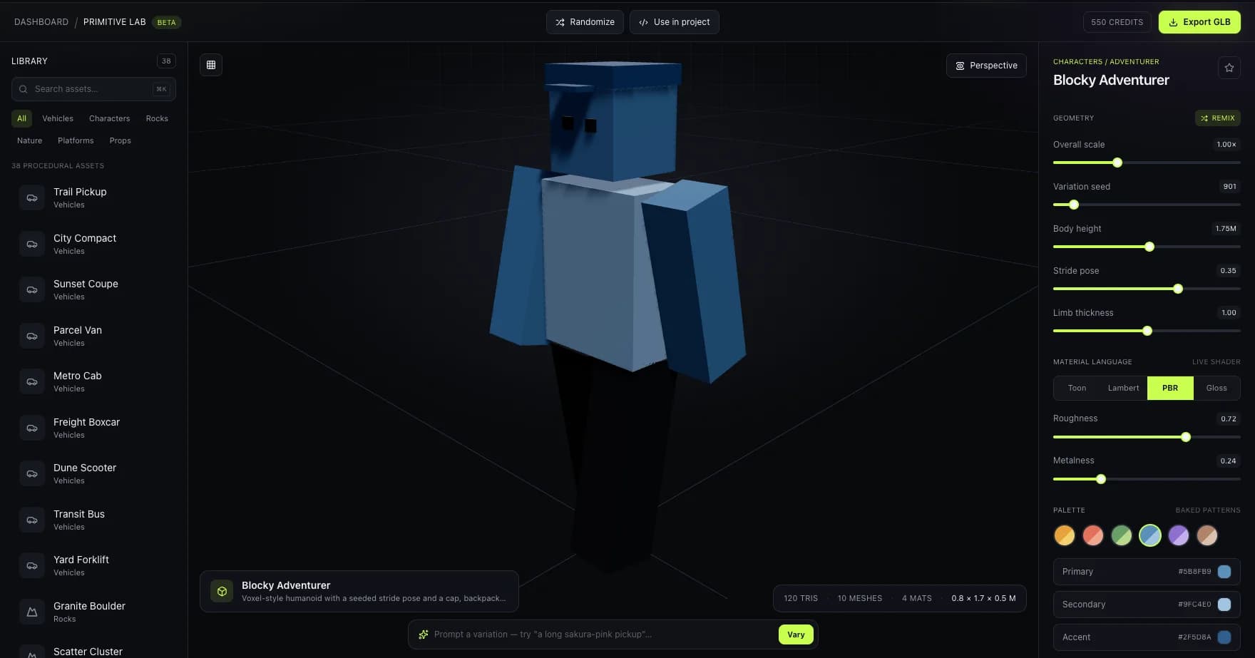 Primitive Lab studio showing a Blocky Adventurer voxel-style character with a seeded stride pose and backpack