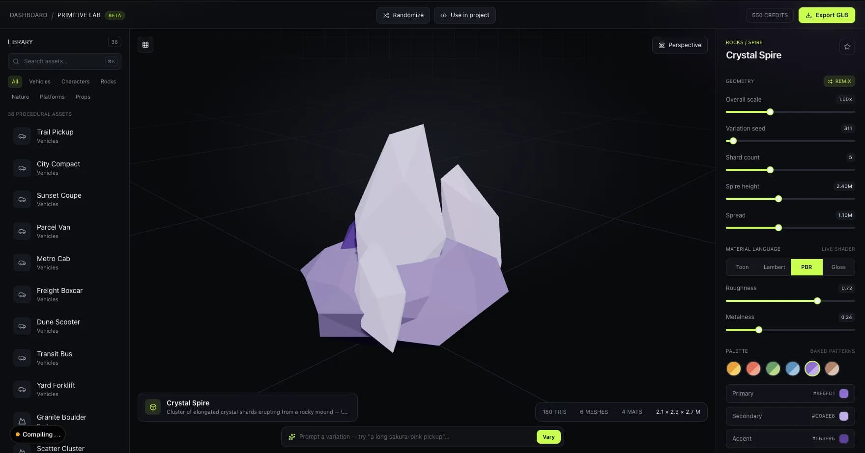 Primitive Lab studio showing a Crystal Spire rock formation with glowing violet shards erupting from a rocky mound