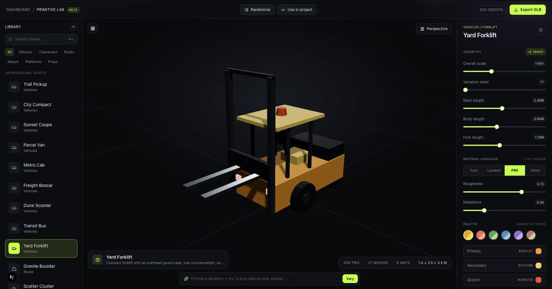 bunpav's Primitive Lab displaying a low-poly industrial forklift with live geometry controls and mesh statistics