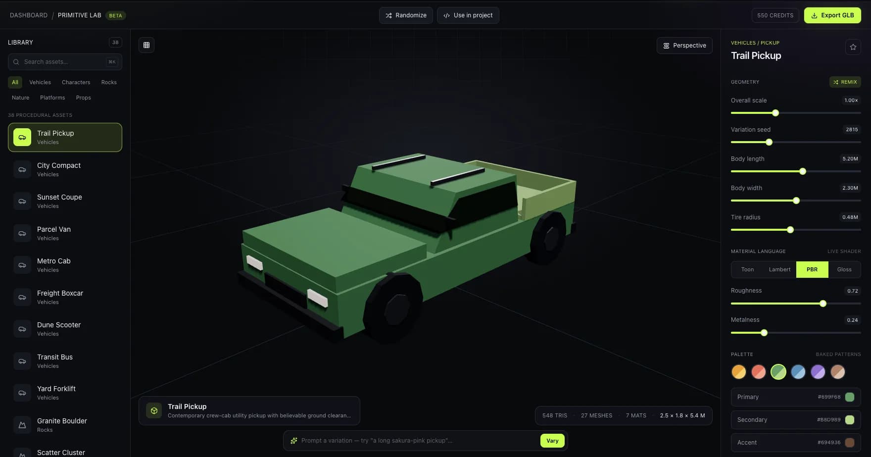 Primitive Lab studio showing a low-poly Trail Pickup vehicle with body length, width, and tire radius sliders in the vehicles category