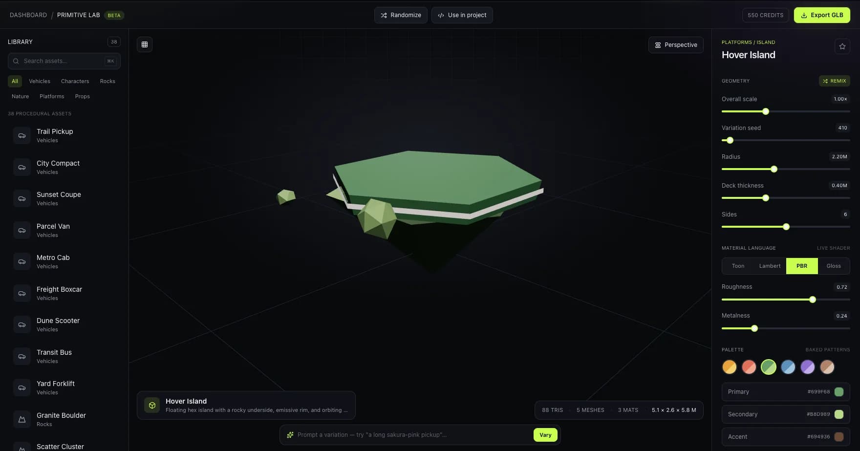 bunpav's Primitive Lab displaying a low-poly island scene with terrain, props, and live palette controls