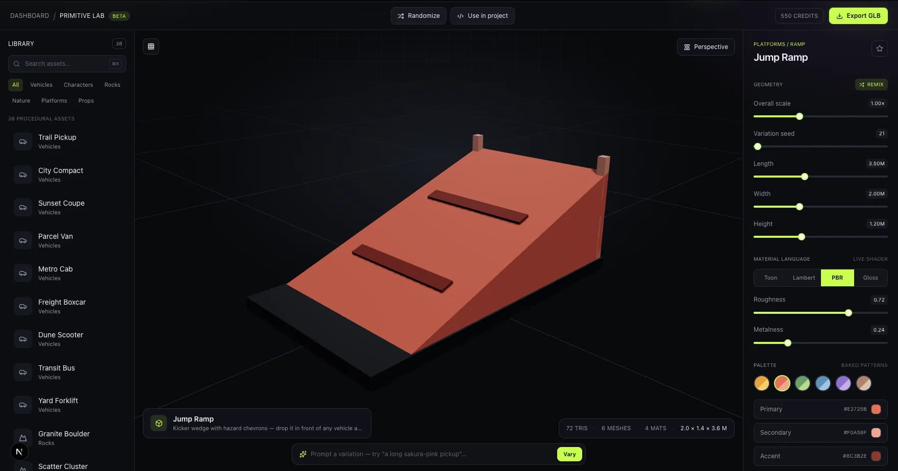 Primitive Lab studio showing a Jump Ramp platform asset with hazard chevron stripes