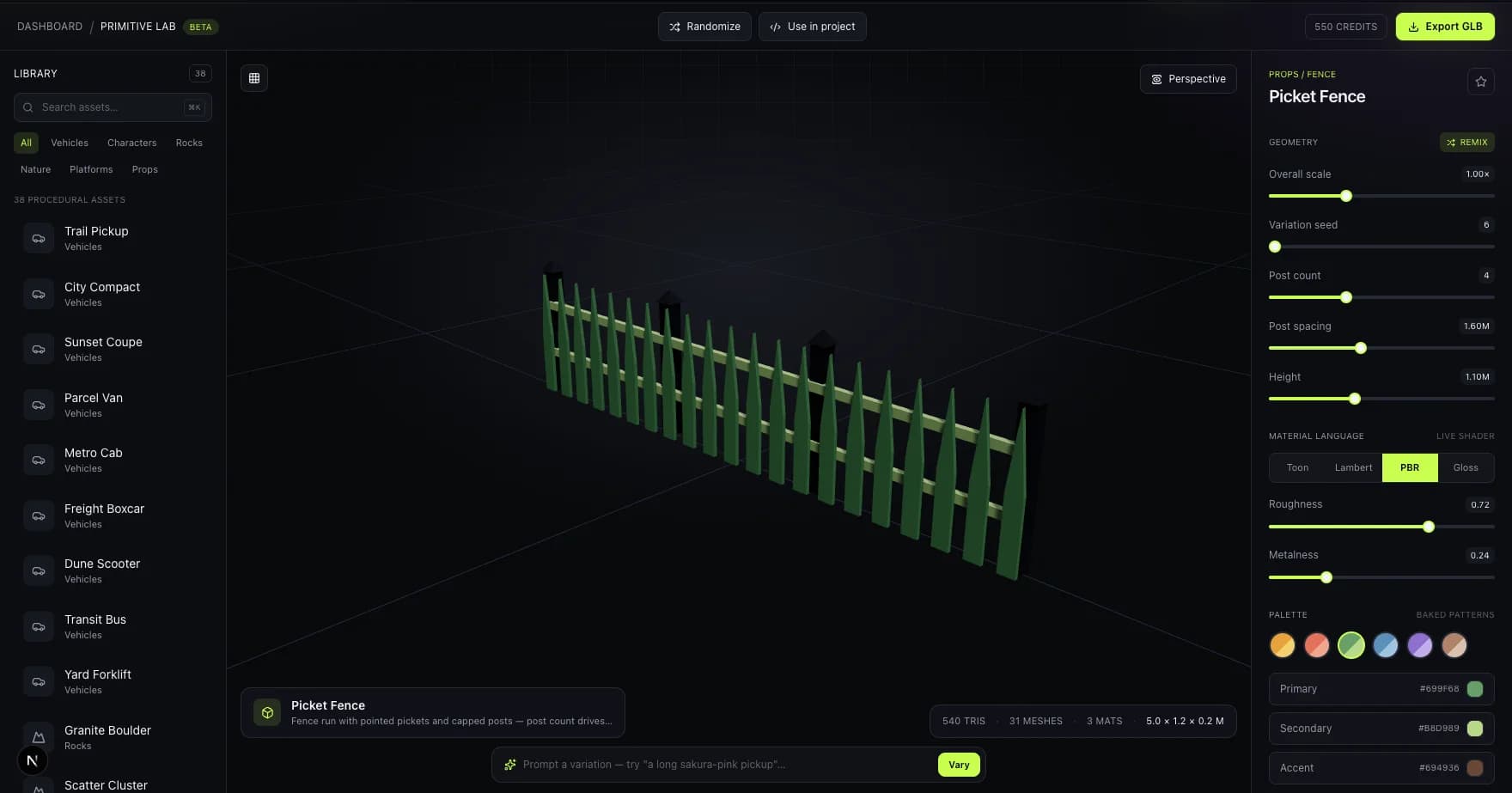 bunpav's Primitive Lab displaying a simple low-poly picket fence prop with live geometry sliders