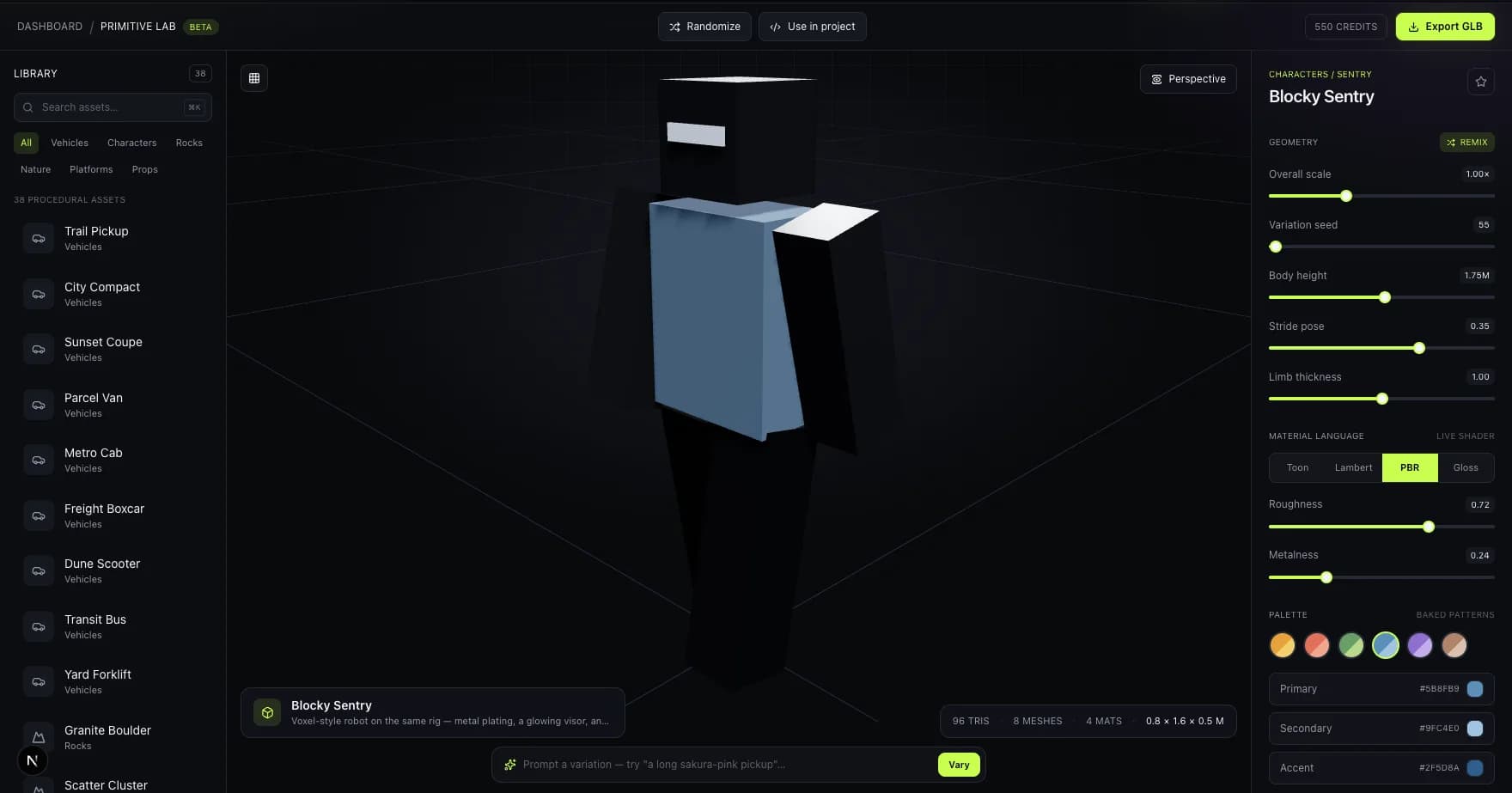 Primitive Lab studio showing a Blocky Sentry voxel-style robot character with a glowing visor in the characters category