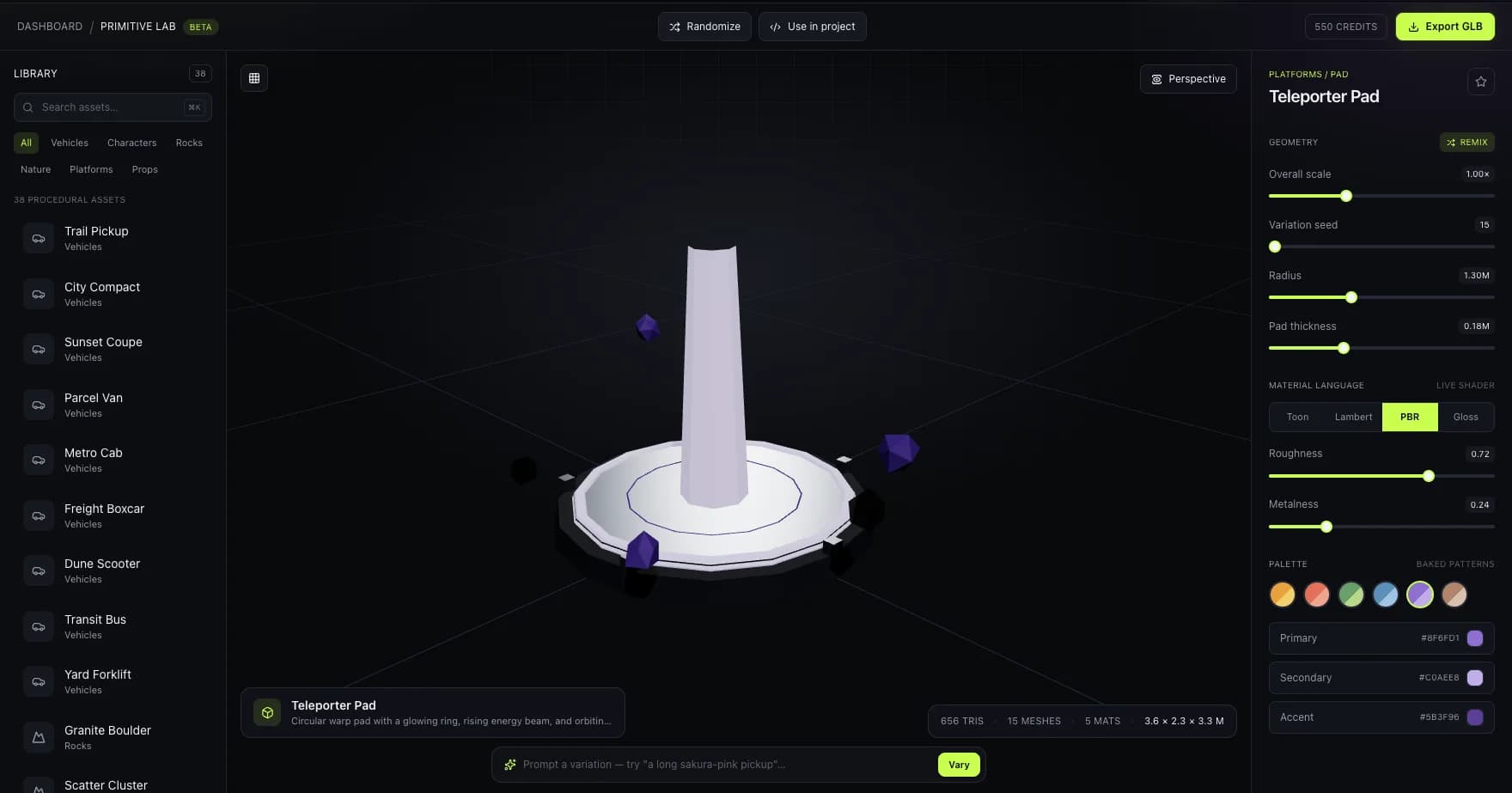 Primitive Lab studio showing a Teleporter Pad platform asset with a glowing energy beam and orbiting crystal shards