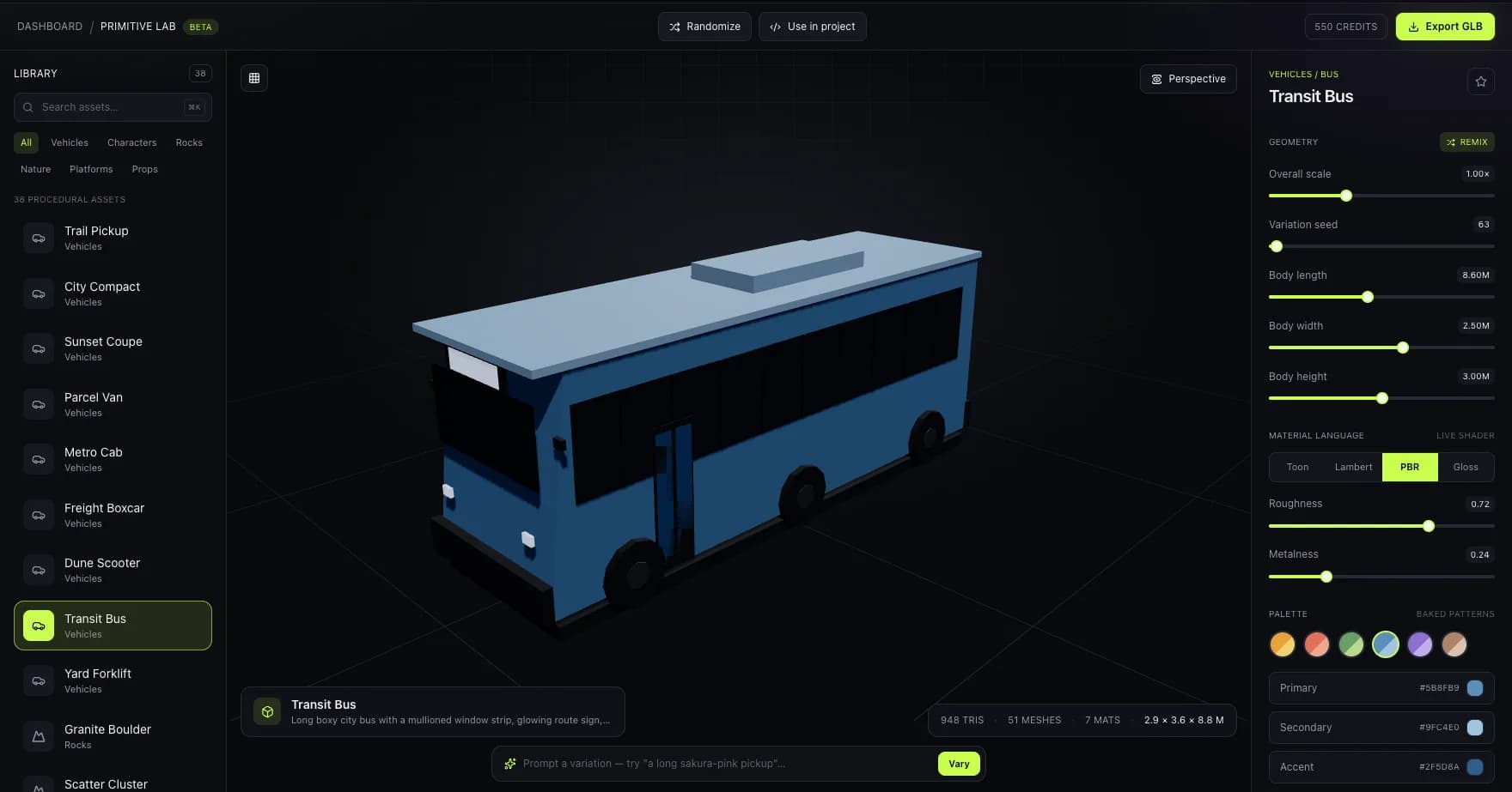 Primitive Lab studio showing a long Transit Bus vehicle with mullioned window strips and a glowing route sign
