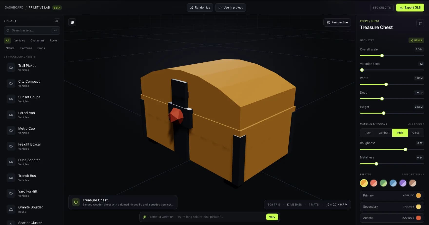 Primitive Lab studio showing a Treasure Chest prop with a domed hinged lid, metal corner bands, and a glowing gem