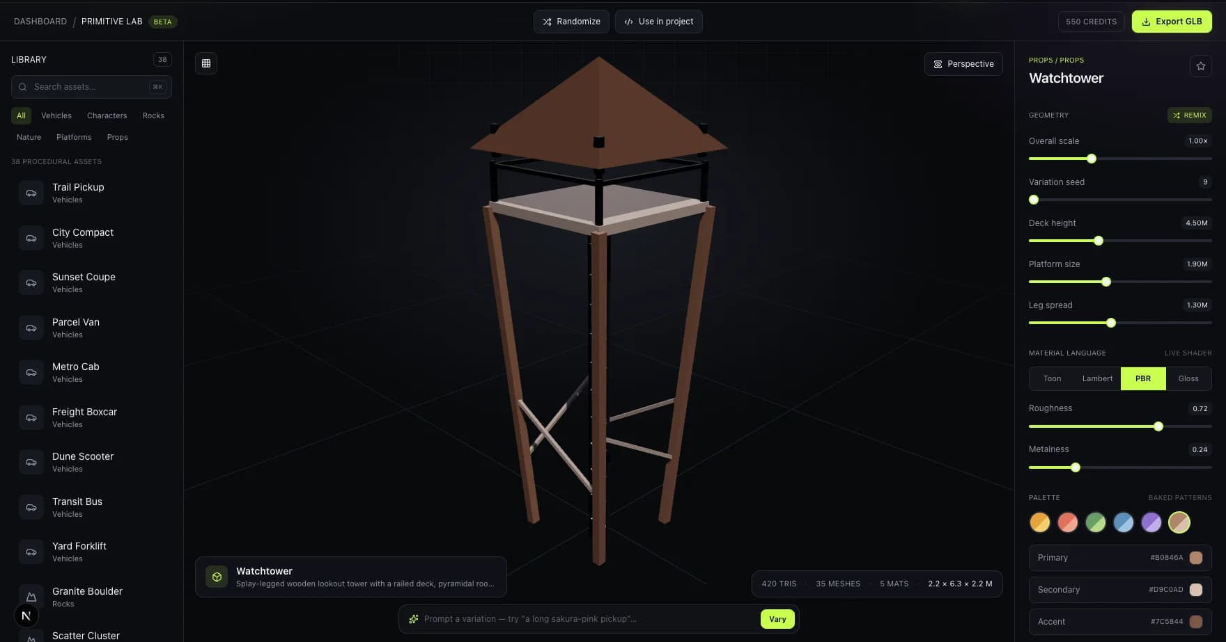 Primitive Lab studio showing a wooden Watchtower prop with a railed deck, X-braced legs, and a pyramidal roof