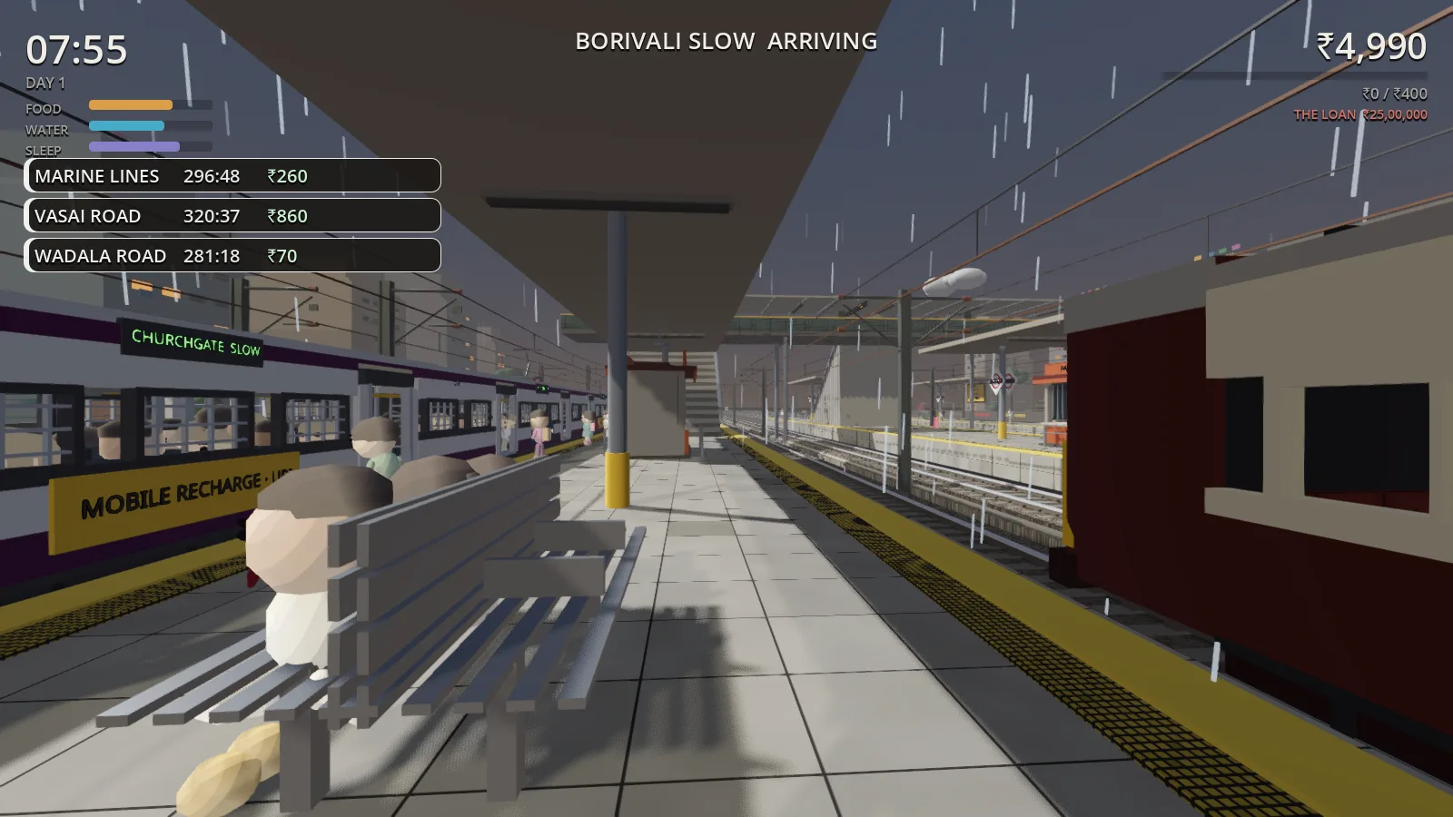 A rainy first-person platform view between two Mumbai local trains as a Borivali slow service arrives